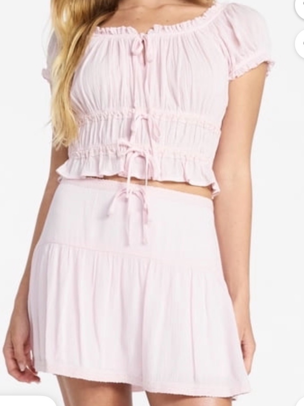 No Boundaries Pale Pink Smocked Tie-Front Crop Top and Skirt Set